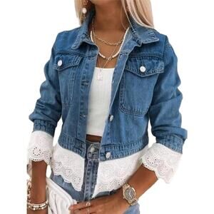 NWT ~ Blue Denim Jacket with Wide White Boho Eyelet Trim ~ Women's Size MEDIUM